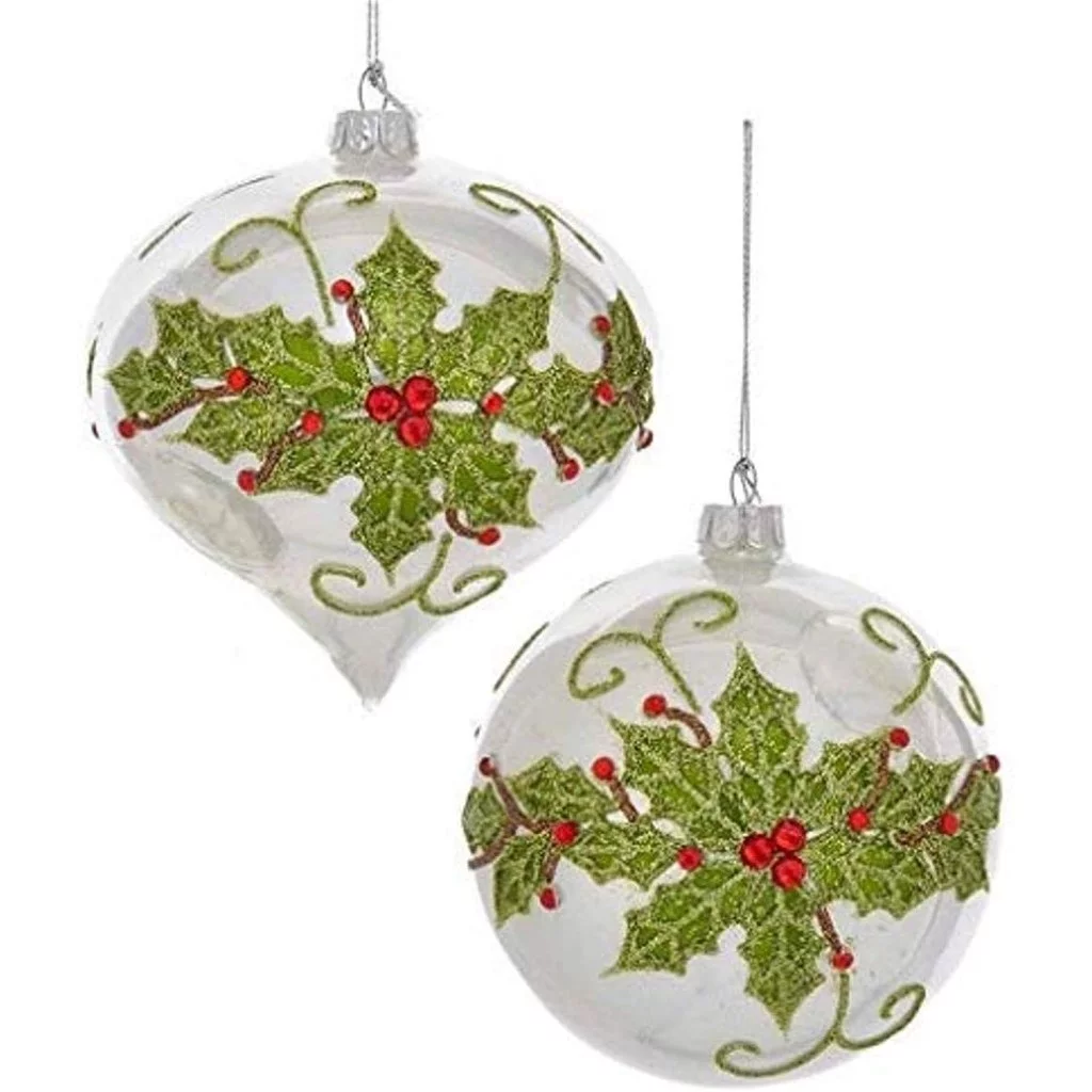 2 Kurt Adler Glass Holly Design with Red Jewels Ball & Onion Ornaments Approximately 4 Inches