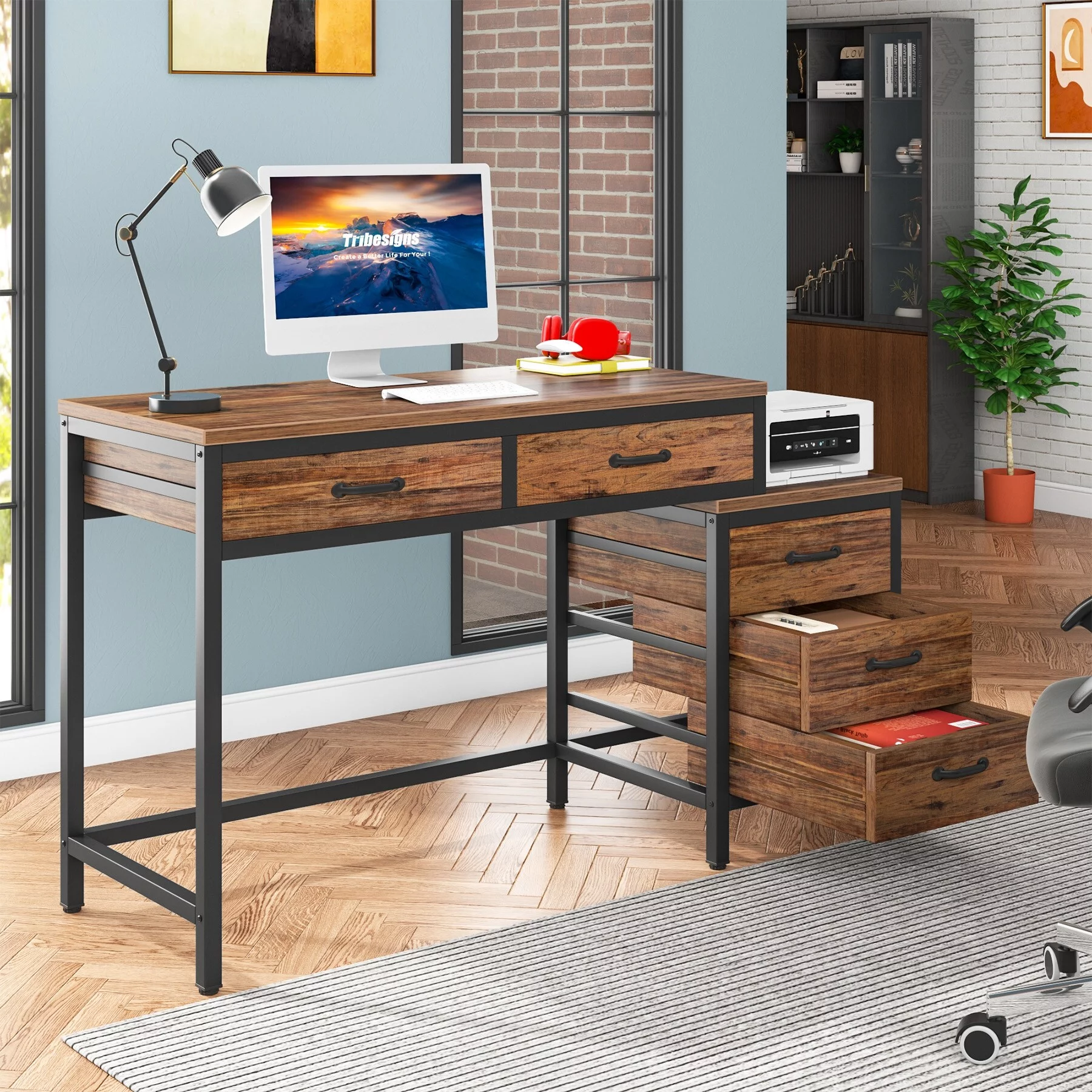 Reversible Computer Desk with 5 Drawers, Home Office Desk with File Cabinet Drawer Printer Stand Rustic Brownn