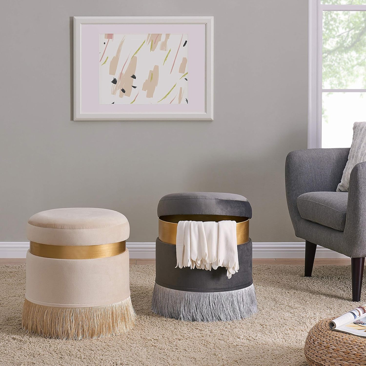 New Pacific Direct Suri Velvet Fabric Fringe Round Storage Ottoman, Serene Cream