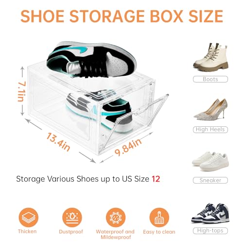6 Pack Shoe Storage Box Clear Plastic Stackable, Shoe Box with Magnetic Door, Shoe Organizer and Shoe Containers for Sneaker Storage, Fit up to US Size 12(13.4
