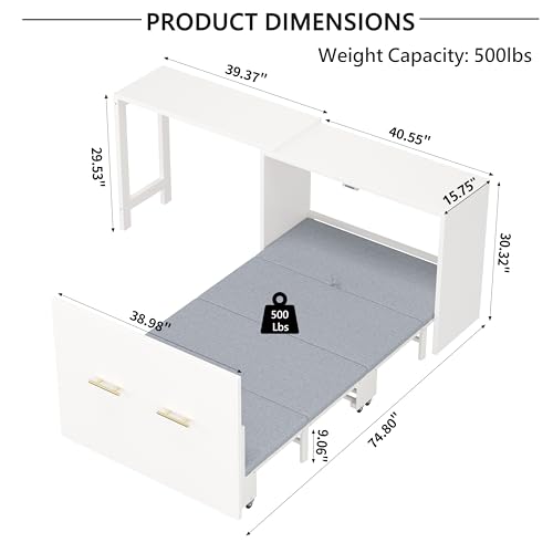 Twin Murphy Bed with Mattresses, Folding Cabinet Bed with Adjustable Position Desk, Pull Out Murphy Chest Beds with Desk for Small Place Office Nap Guest Room, White