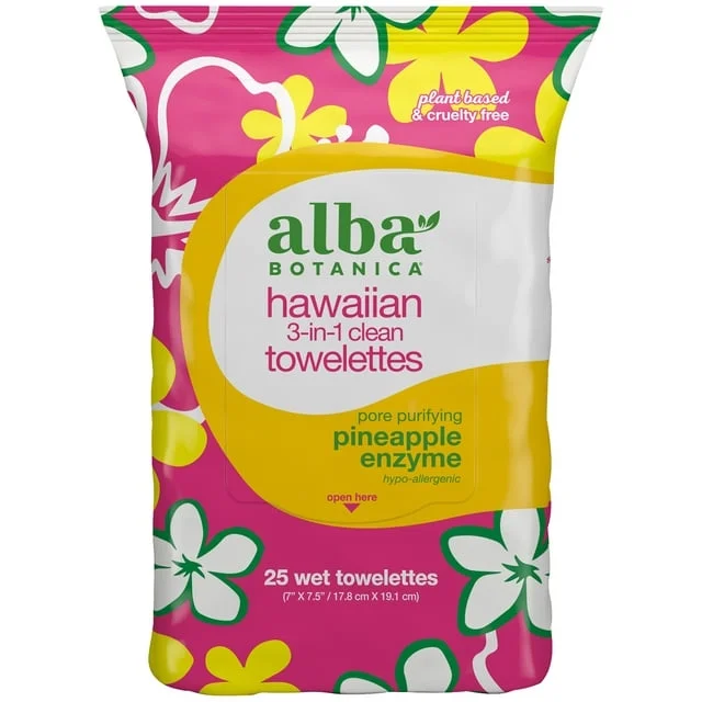 Alba Botanica Hawaiian 3-In-1 Clean Towelettes Pineapple Enzyme 30 ea (Pack of 4)