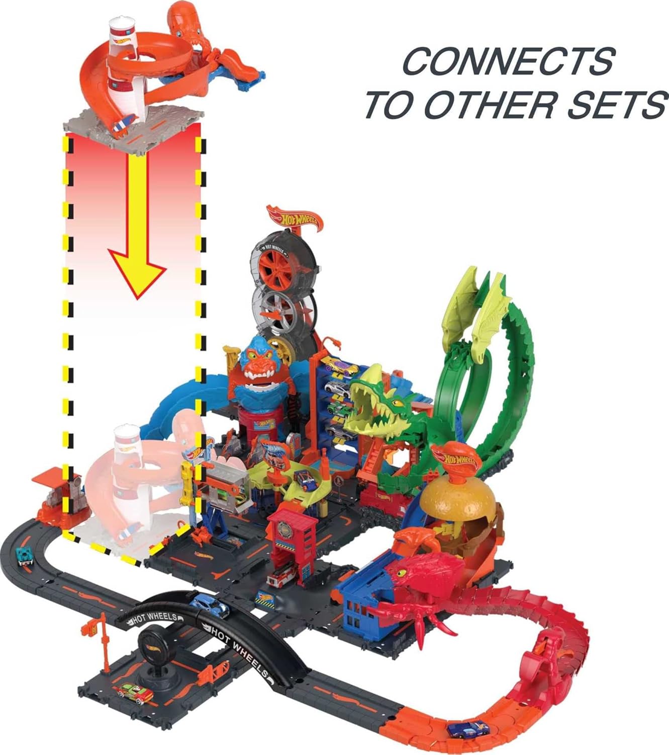 Hot Wheels Toy Car Track Set City Octopus Invasion Attack Playset & 1:64 Scale Vehicle, Creature Launcher