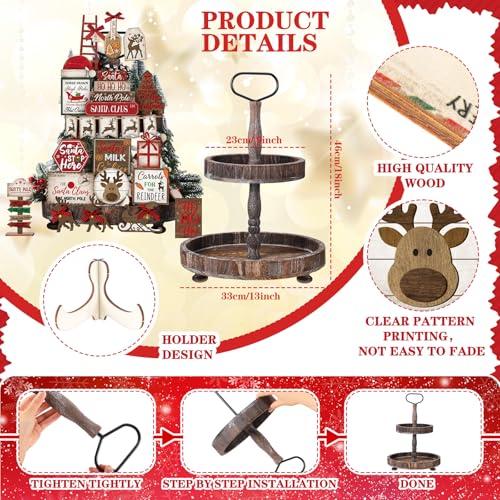 Nuogo 24 Pcs Christmas Tiered Tray Decorations Set and 2 Tiered Tray Stand With Handle - Winter Table Tabletop Snowman Decor for Home Farmhouse Hot Cocoa