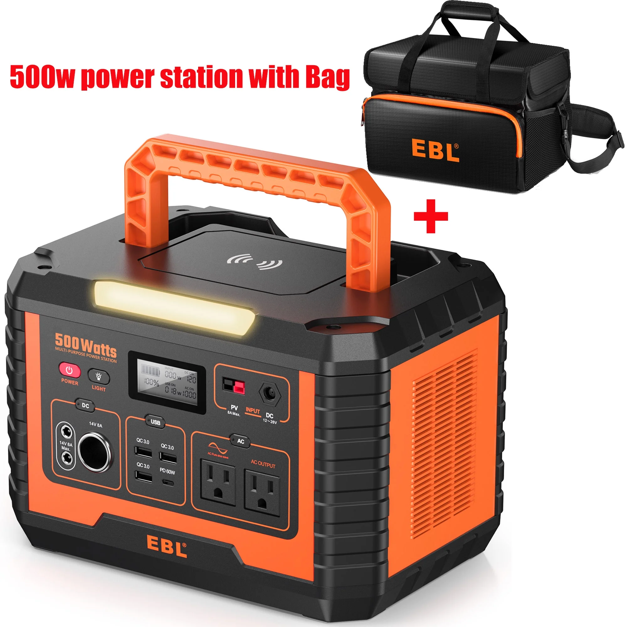 EBL 500W Portable Power Station Solar Generator - 519.4Wh Power Battery for Camping Outdoor Activities with Storage Bag