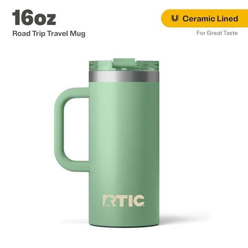 RTIC 20oz Road Trip Travel Mug with Lid and Handle, Insulated, Stainless Steel, Metal, Double Wall Vacuum-Insulation, Ceramic Lined, Portable Coffee, Tea Cup for Hot and Cold Drink, Beach