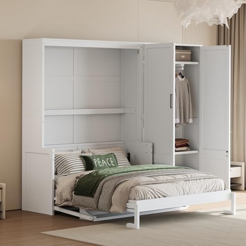 Queen Size Murphy Bed Wall Bed with Desk and Closet,Drawers and Shelves,for Small Spaces Studio Study Office Guest Room Use (Gray#Desk, Queen)