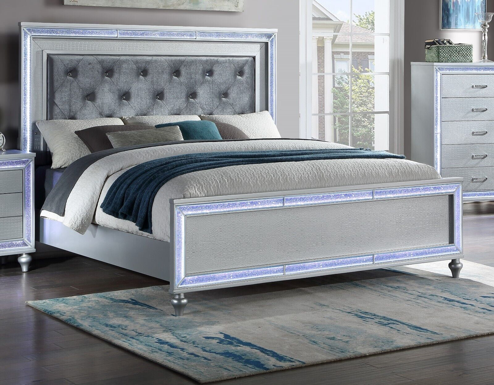 Contemporary 4pc King Size Upholstered Bed Dresser Mirror Nightstand Wooden Master Bedroom LED Lights Set Silver Finish