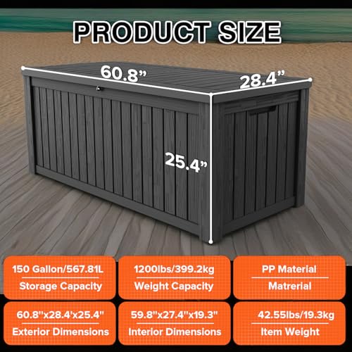 150 Gallon Outdoor Resin Deck Box Storage Waterproof Boxes Lockable UV Resistant Organization for Patio Furniture Cushions Pool Supplies Garden Tool Sports Equipment, Brown