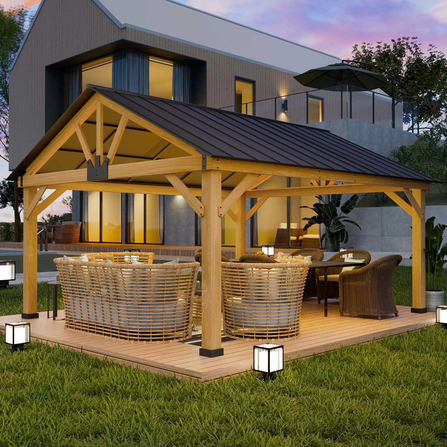 13' x 15' Wood Gazebo, Hardtop Cedar Gazebo with Galvanized Steel Roof, Permanent Outdoor Pavilion for Garden, Patio, Deck, Backyard, Lawn.