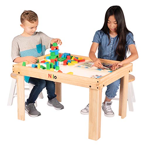 NILO Kids Play Table Set with 2 Compatible Lego Duplo Detachable Two-Sided Baseplates/Boards/Mats (N34 Activity Table without Holes, 24x32x20 and 2X Green Base Plates 12x32)