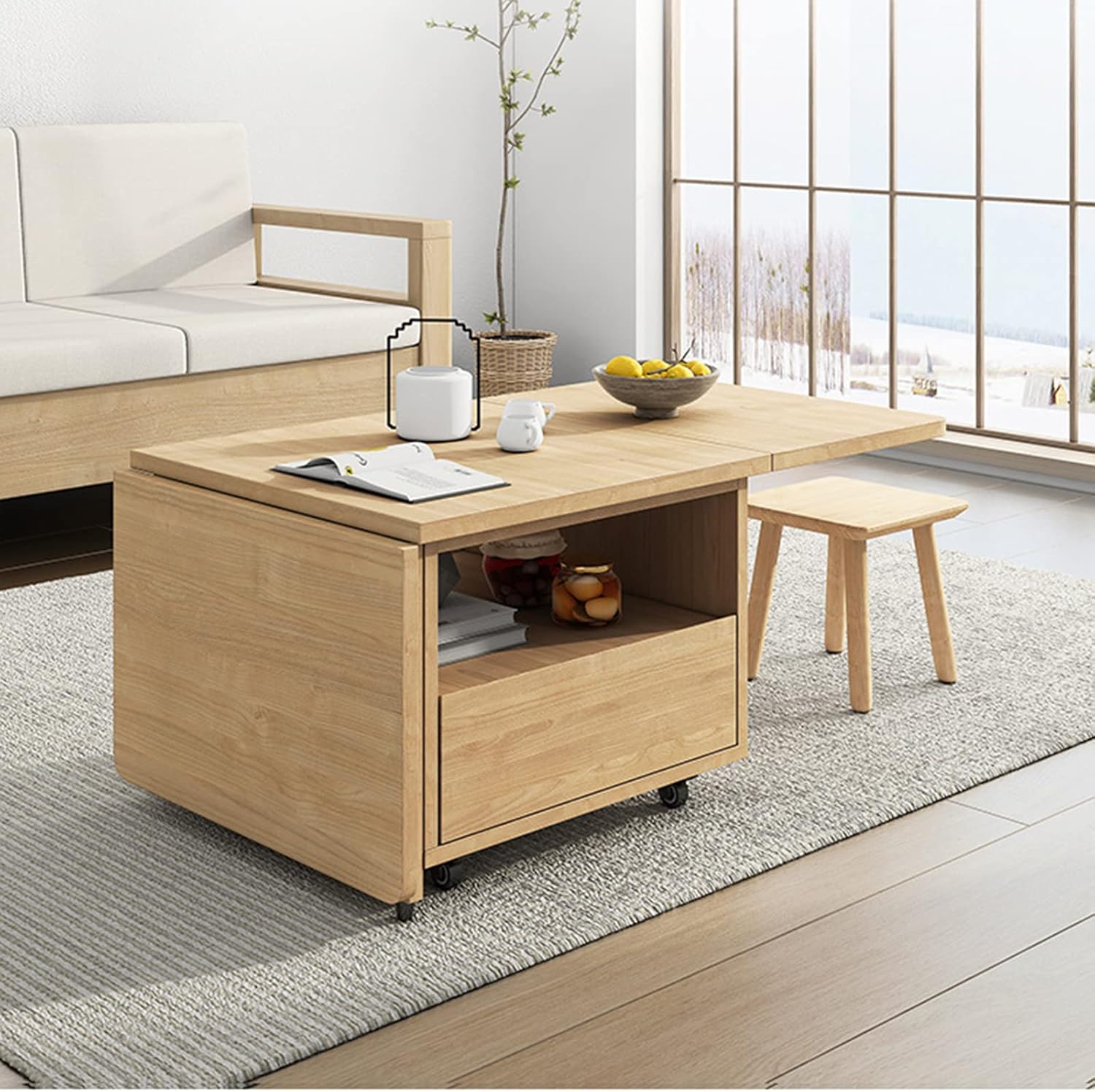 Folding Coffee Table, Multifunctional Dining Table, Solid Wood Drop-Leaf Tea Table with Rollers, Save Space, for Living Room Dining Kitchen Bedroom Furniture, 1.4m, Wood Color