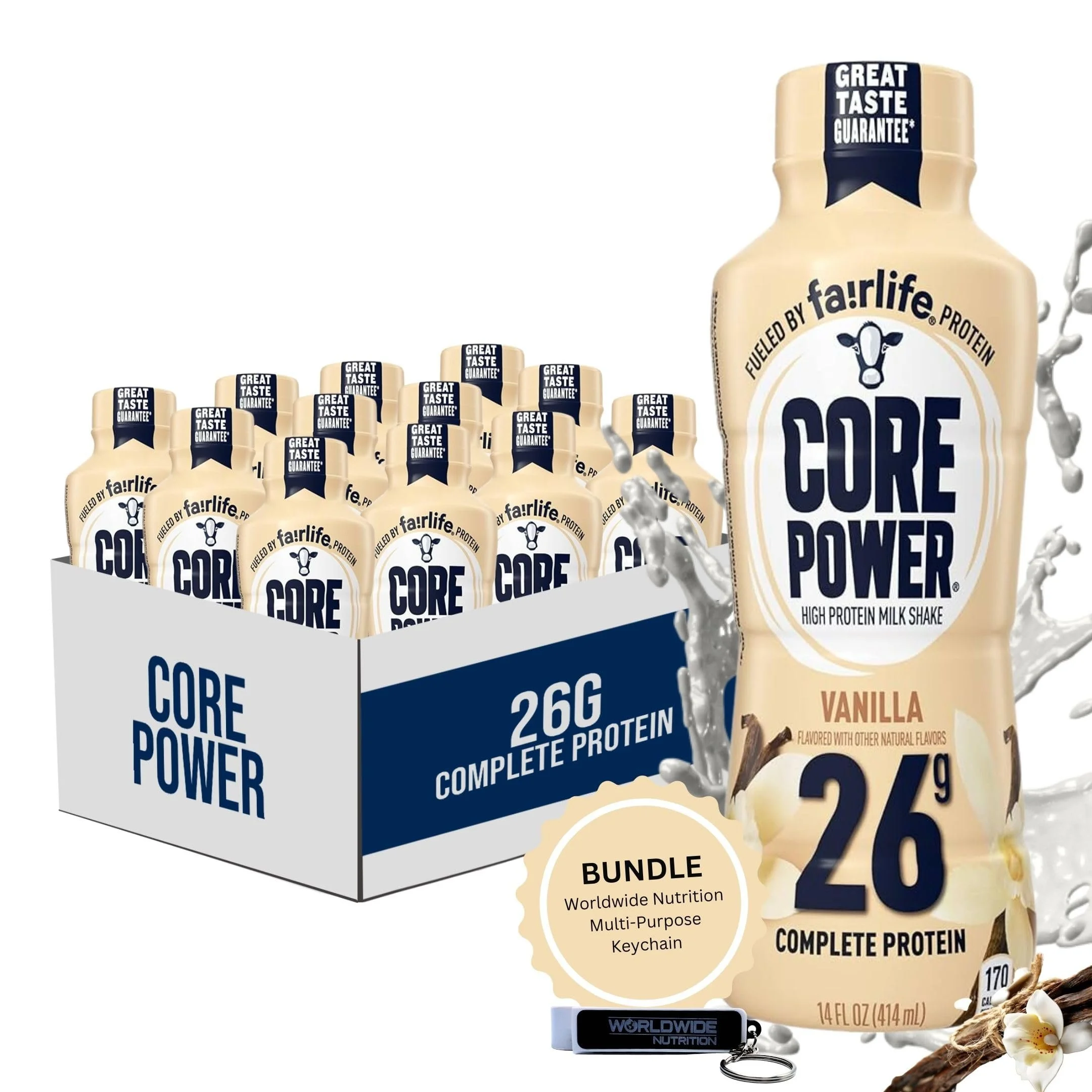 Core Power Fairlife 26g Protein Milk Shakes - Protein Shakes Ready To Drink for Workout Recovery - Vanilla, 14 Fl Oz Pack of 12 and Multi-Purpose Key Chain - Radiant Selections