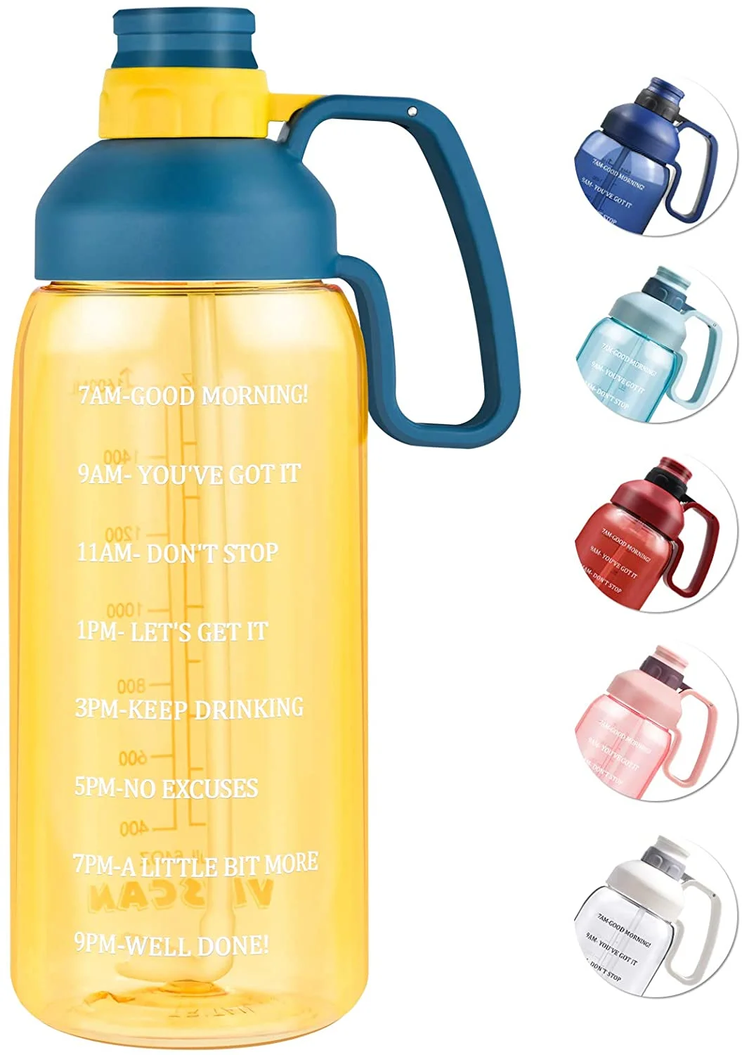 64 oz Leakproof Water Bottle with Time Marker & Long Straw to Ensure You Drink Enough Water for Gym Fitness or Working from Home, BPA Free Protable Water Jugs for Drinking, Camping, Outdoor Sports