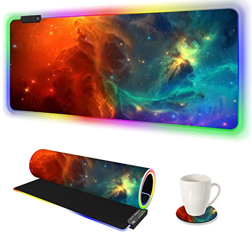 AIMSA RGB Gaming Mouse Pad Large, Keyboard Mousepad Led Extended 35.4 x 15.8 inch Non-Slip Rubber Base with 14 Lighting Modes, Big Desk Mat Waterproof, White Rainbow