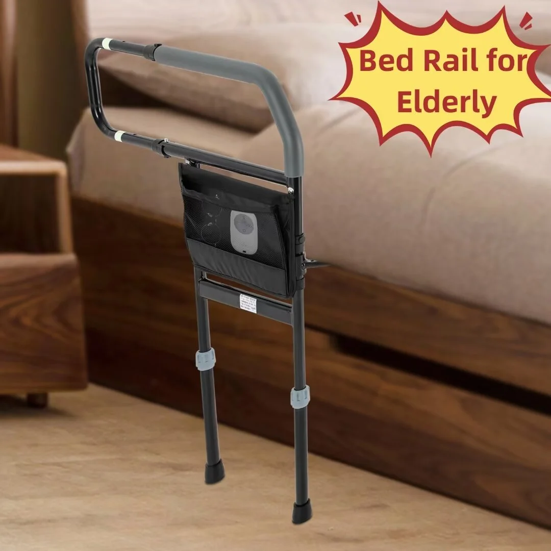 Oukaning Bed Side Rail, Adjustable Bed Assist Grab Bar Handle,Bed Side Rail with Storage Pocket for Elderly(Black)