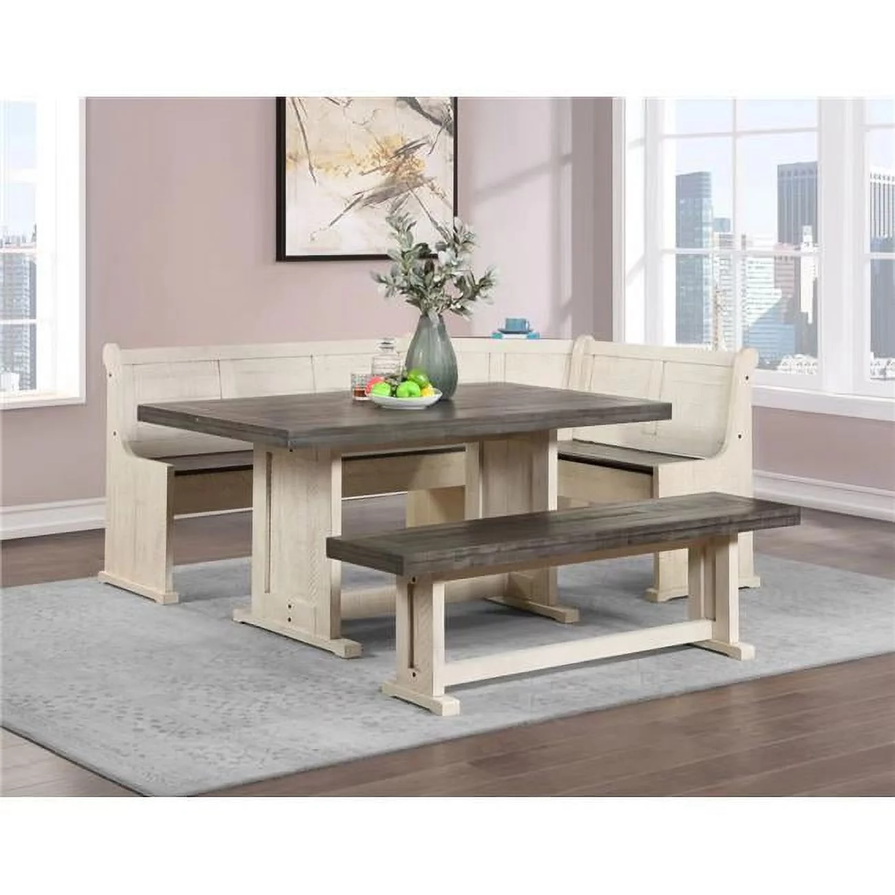 Sunny Dining Nook Table Set Off White Grey Wood w Kitchen Corner Storage Bench