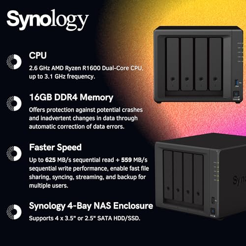 Synology DiskStation DS923+ 4-Bay NAS Enclosure Server, Network Attached Storage, Data Management Solution, AMD Ryzen R1600 Dual-Core up to 3.1 GHz,(16GB DDR4 RAM | NO HDD, SSD)