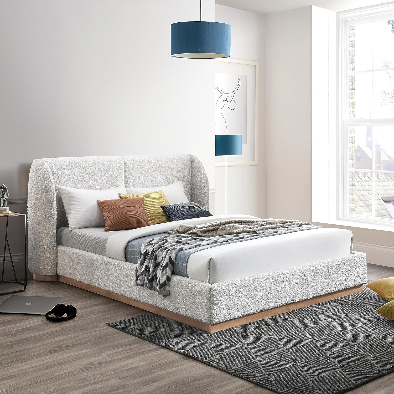 Meridian Furniture Jardin Collection Art Deco Full Rich Cream Boucle Fabric, Solid Wood Base, Rounded Wing Back Bed