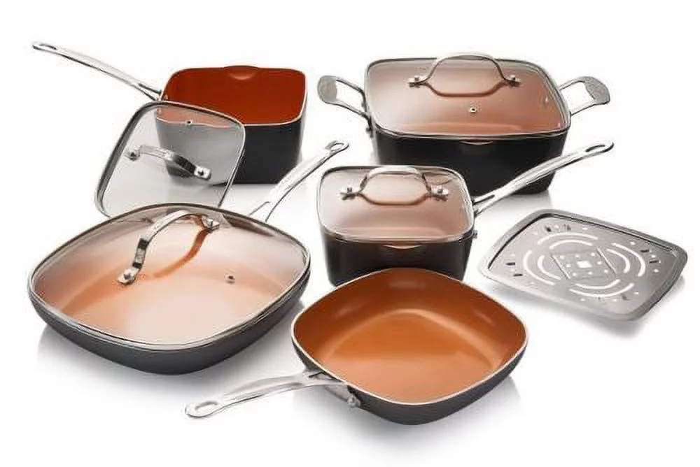 Gotham Steel Pots and Pans Set, 10 Piece Square Design with Ultra Nonstick Ceramic Coating, Includes Skillets, Sauce Pan, Stock Pot, Stainless Steel Steamer, Dishwasher Safe, Graphite