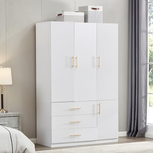 White 4 Doors 3 Drawers Large Closet Cabinet Wardrobe Armoire Bedroom Freestanding Clothes Storage Organizer with Hanging Rod & Shelves, Bathroom Wooden Organizer (20.3