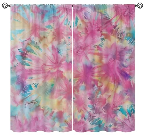 Tie Dye Blackout Curtains for Girls Boy Home Decor, Boho Psychedelic Swirl Rainbow Hippie Trippy Rod Pocket Thermal Insulated Drapes Darkening Window Curtain for Bedroom Living Room, 42 x 45 Inch