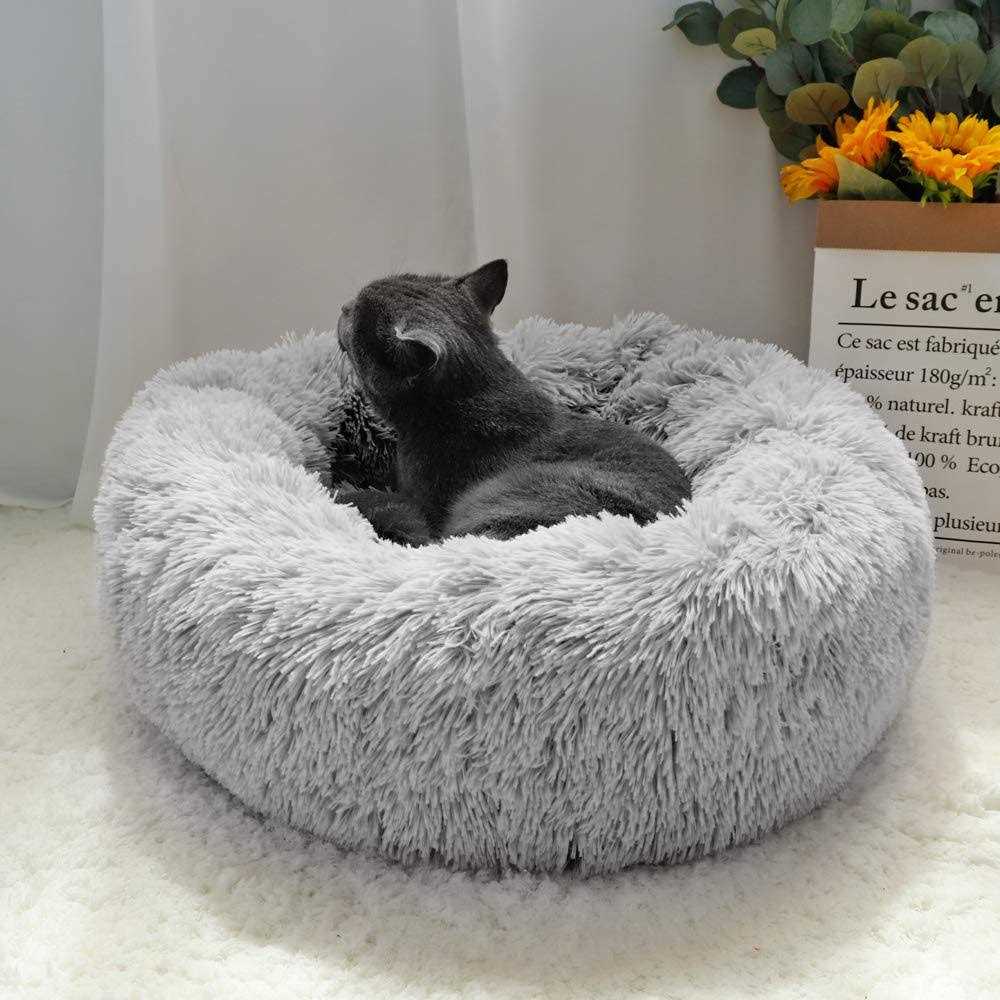 Otoez Round Plush Donut Pet Bed Warm Fur Cuddler Dog Cat Cushion Bed Calming Bed Non-Slip Bottom - Pet Supplies online store