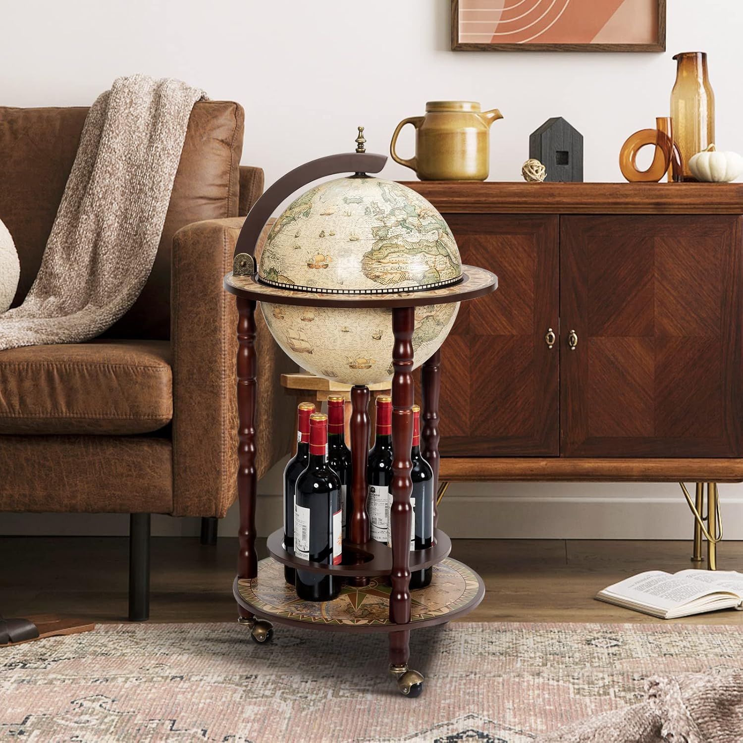 Globe Bar, Wood Globe Wine Bar Stand, 16th Century Italian Rack Liquor Bottle Shelf, Replica Globe Bar Liquor Cabinet w/Wheels, Globe Bar Cart for Wine Spirits Beverage Stemware(Creamy White)