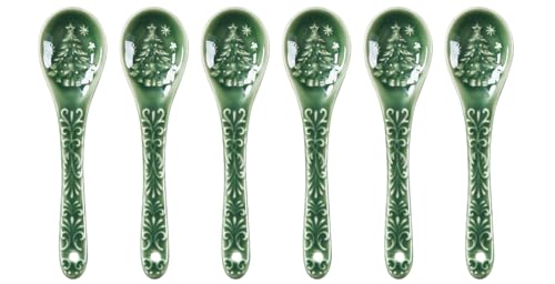 Christmas Tree Coffee Spoons, Ceramic Teaspoons, Small Spoons for Espresso, Dessert, Tea, Stirring, Dishwasher & Microwave Safe, Green, Set of 6