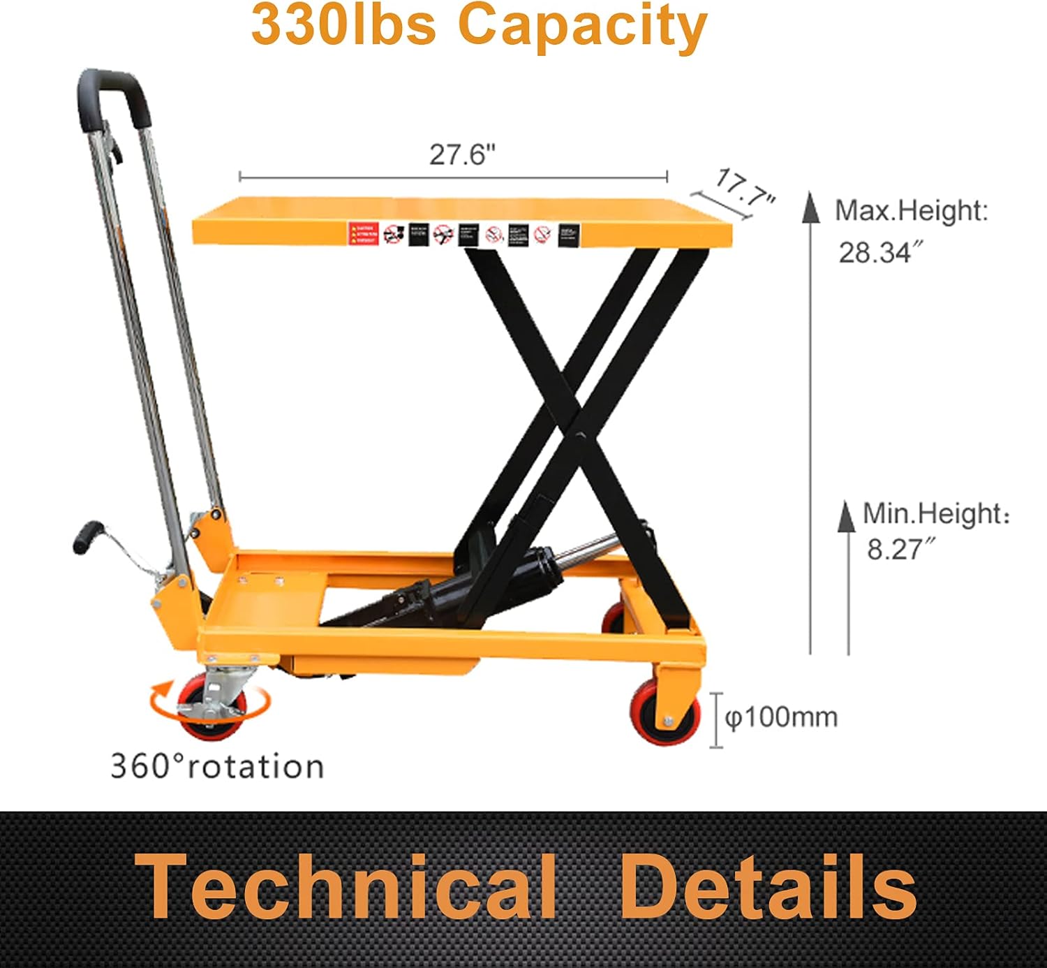 Legines Hydraulic Lift Table Cart Manual Single Scissor Cart 330 lbs Capacity Heavy Duty 28.3 Lifting Height Material Handing Elevating