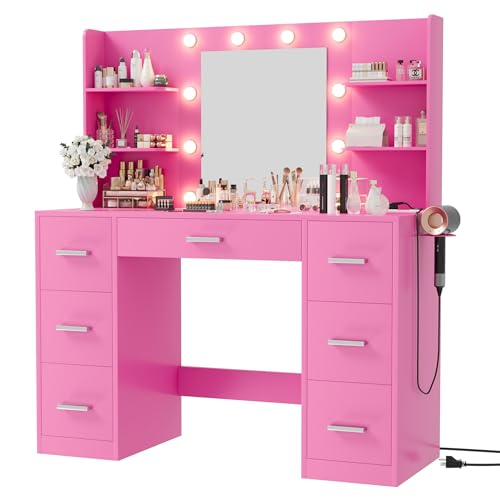 Furmax Vanity Desk with Mirror, LED Lights and Power Outlet Makeup Vanity Table with 7 Drawers and 6 Storage Shelves Dressing Table for Bedroom Dressing Room (White)