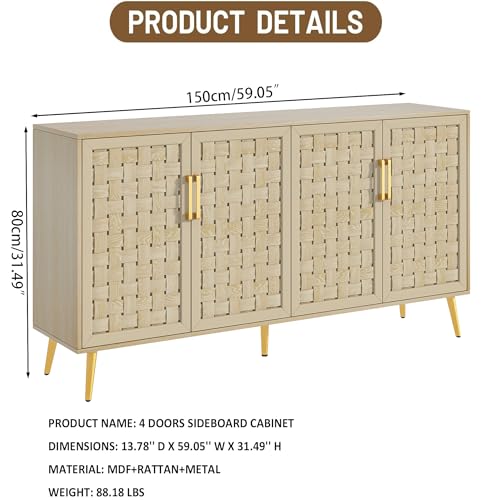 4 Door Rattan Storage Cabinet,Buffet Cabinet with Storage,Characteristic Cabinet w/Metal Legs and Handles,Cupboard Console Table,Sideboard Cabinet for Hallway,Entry, Living Room (Natural)