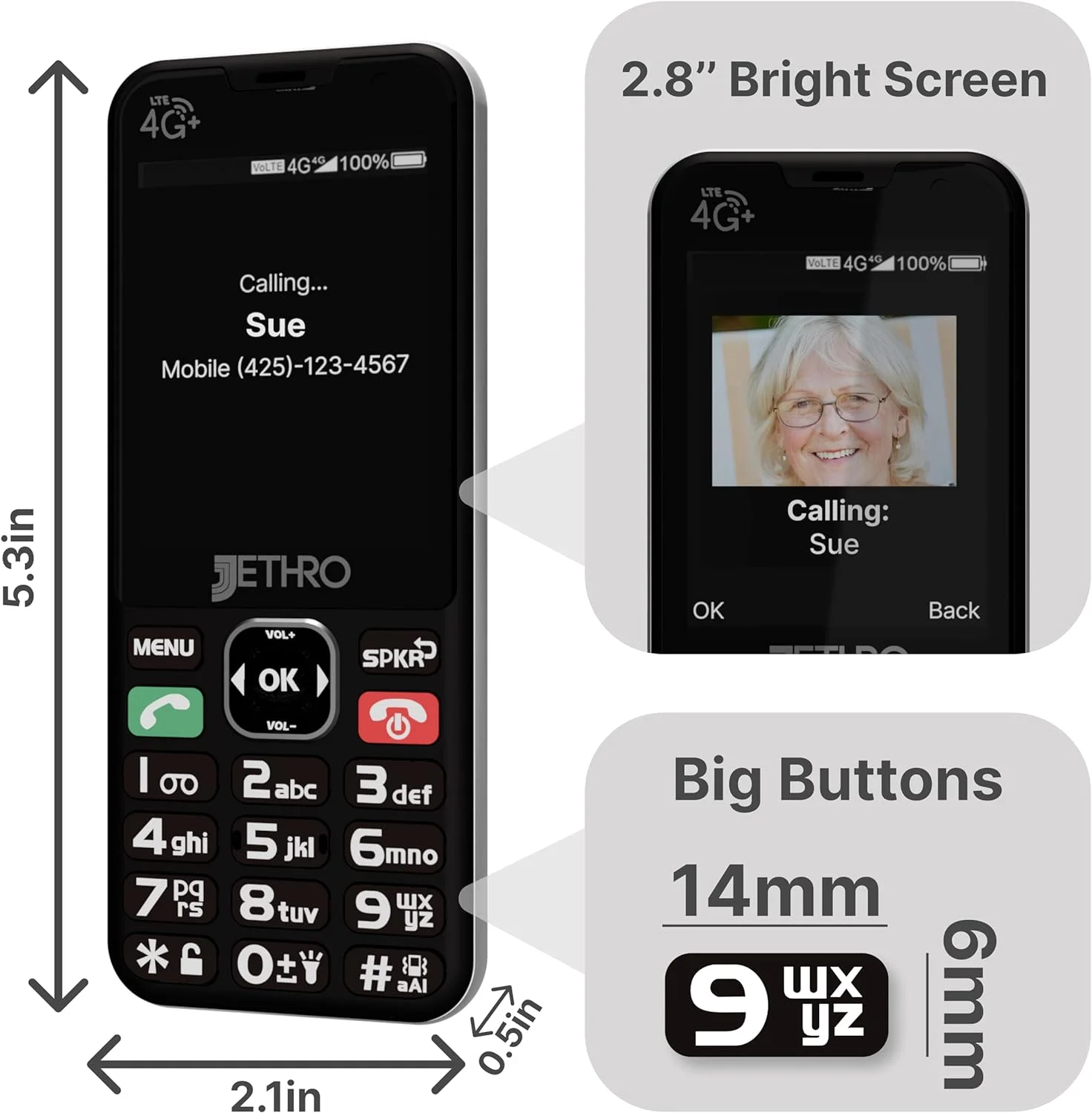 Jethro SC490 4G LTE Big Button Cell Phone for Seniors and Kids, Easy to Use, Unlocked