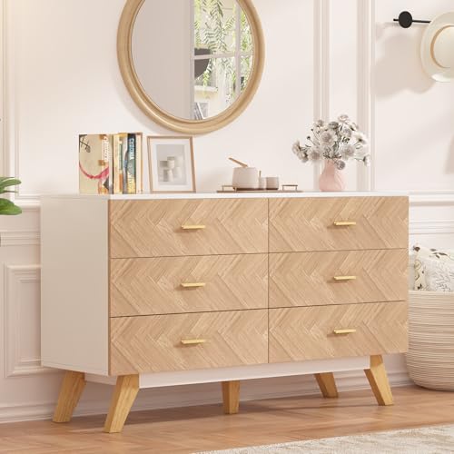 6 Drawer Dresser for Bedroom, Rustic Brown Wooden Double Dresser, Wide Dressers & Chests of Drawers, Large Storage Organizer Cabinet for Hallway, Burlywood&White