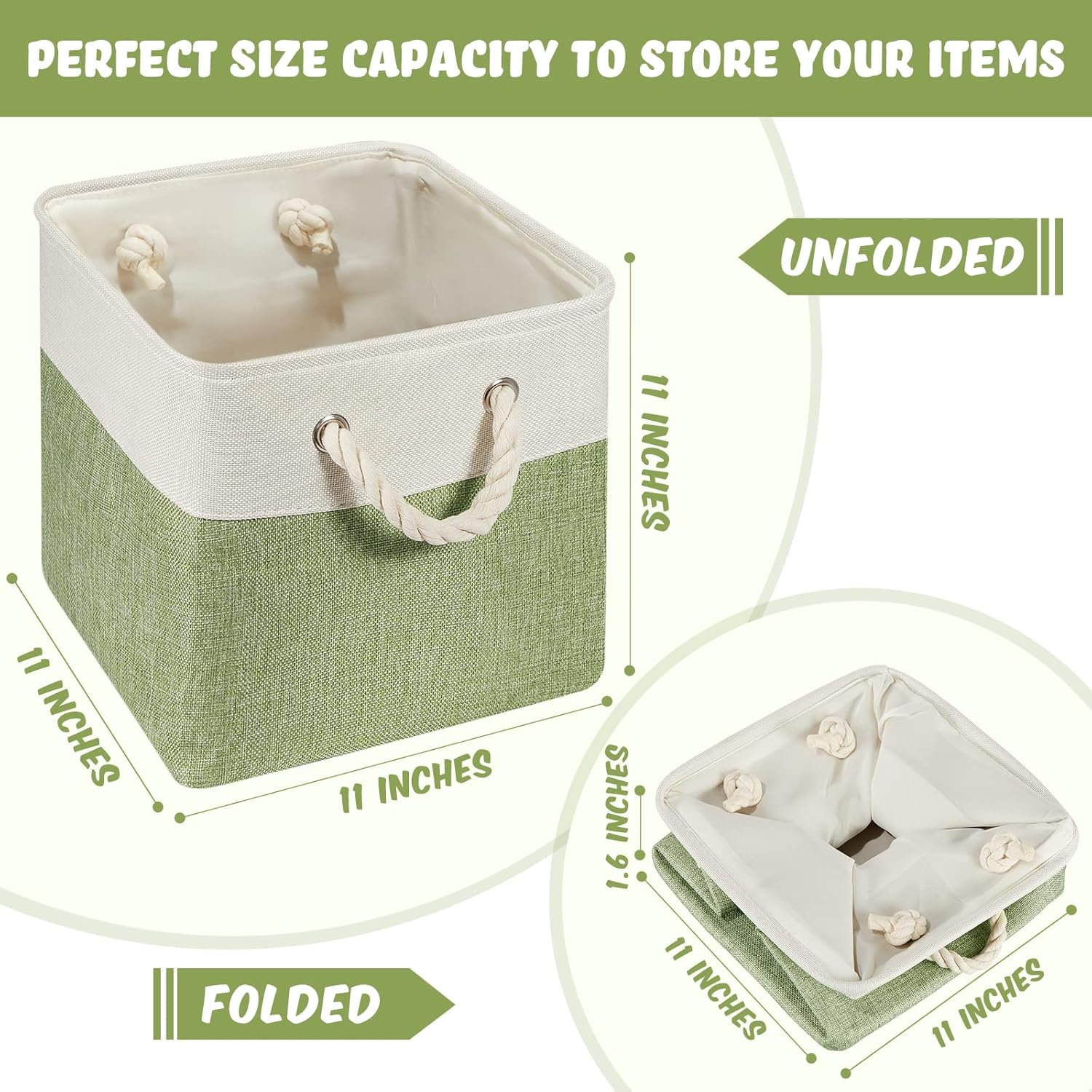 6 Pcs 11 x 11 Inch Cube Storage Bins Fabric Cube Storage Organizer Bins Foldable Storage Cube Baskets with Sturdy Carry Handles Multipurpose Storage Cube for Home (Green, White)