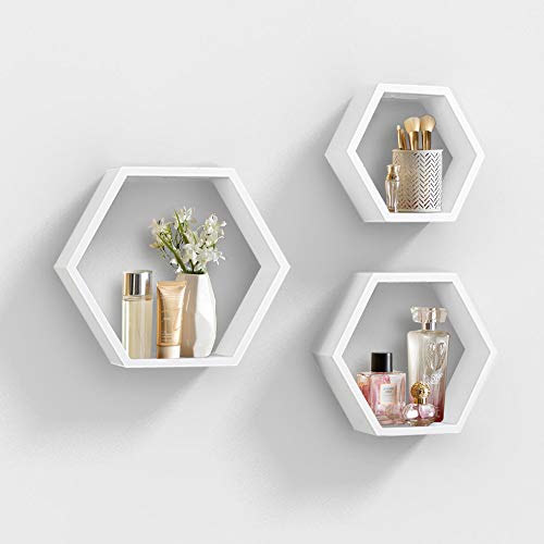AHDECOR Wall Mounted Hexagon Floating Shelves, Wooden Wall Organizer Hanging Shelf for Home Decor, Set of 3, Black