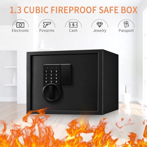 2.2 Cu Home Use Safe Box Fireproof Waterproof, Safety Box with Digital Keypad Sensor Light Key for Office Documents