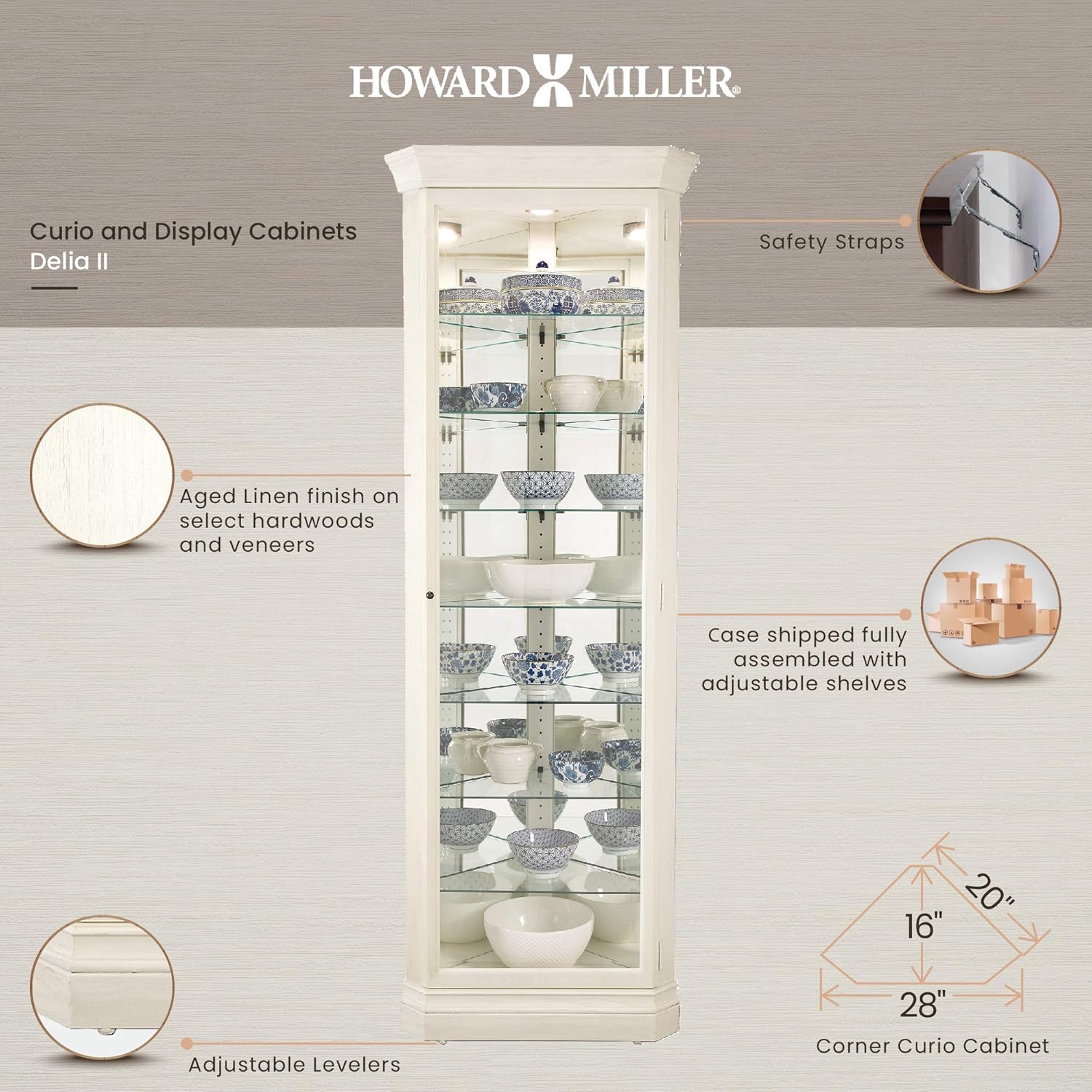 Howard Miller Marlowe IV Corner Curio Cabinet 680-665 – Aged Linen Finish Home Decor, Four Glass Shelves, Five Level Display Case, No Reach Roller Halogen Light