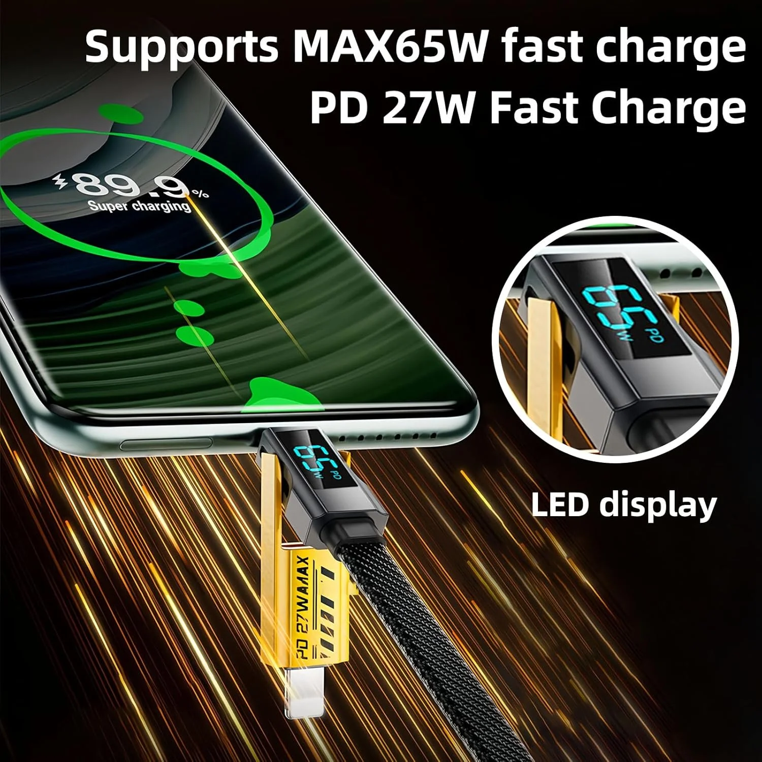 USB 65W 4-in-1 fast charging cable 6.6FT with LED display, multi-charger for all devices, yellow 1.5 meters