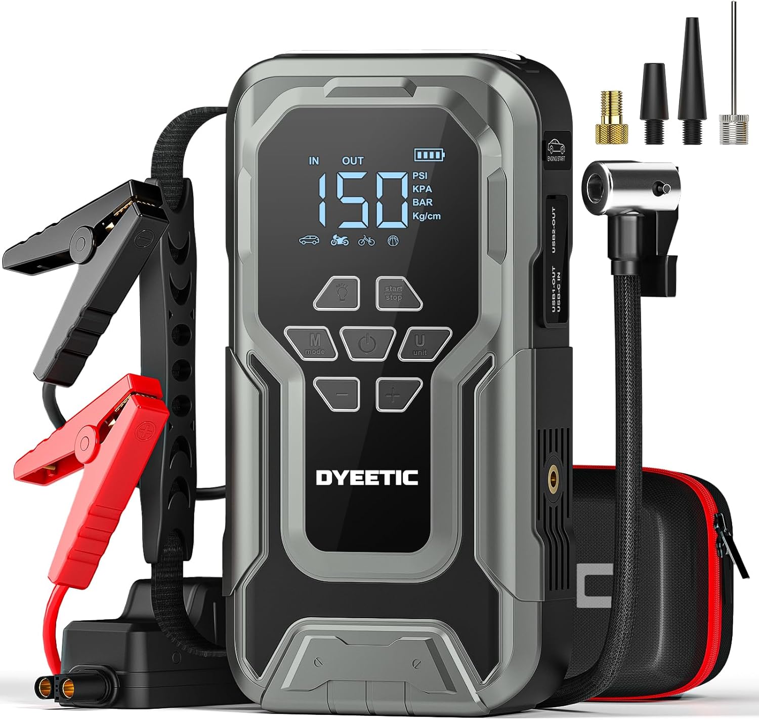 Car Jump Starter with Air Compressor, 3500A 12V Lithium Battery Jump Box with 150PSI Tire Inflator for Up to 10.0L Gas & 8.0L Diesel, Portable Power Bank with 3 Modes LED Light Jumper Pack