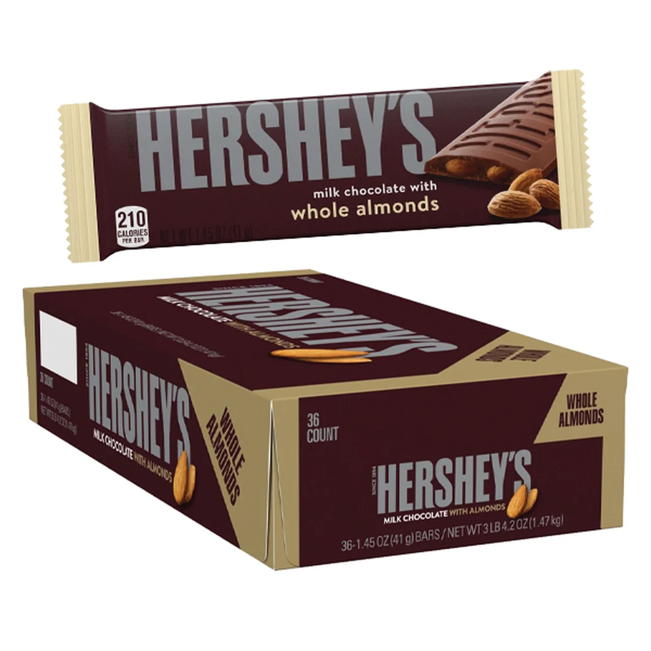 HERSHEY'S Milk Chocolate with Almonds Candy, 1.45oz, Case of 36