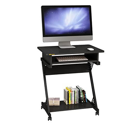 Computer Desk with Keyboard Tray, 23.6 inch Rolling Small Desk with Wheels, Computer Cart with Storage, Mobile Desk Z Shaped for PC, Home Office, Brown