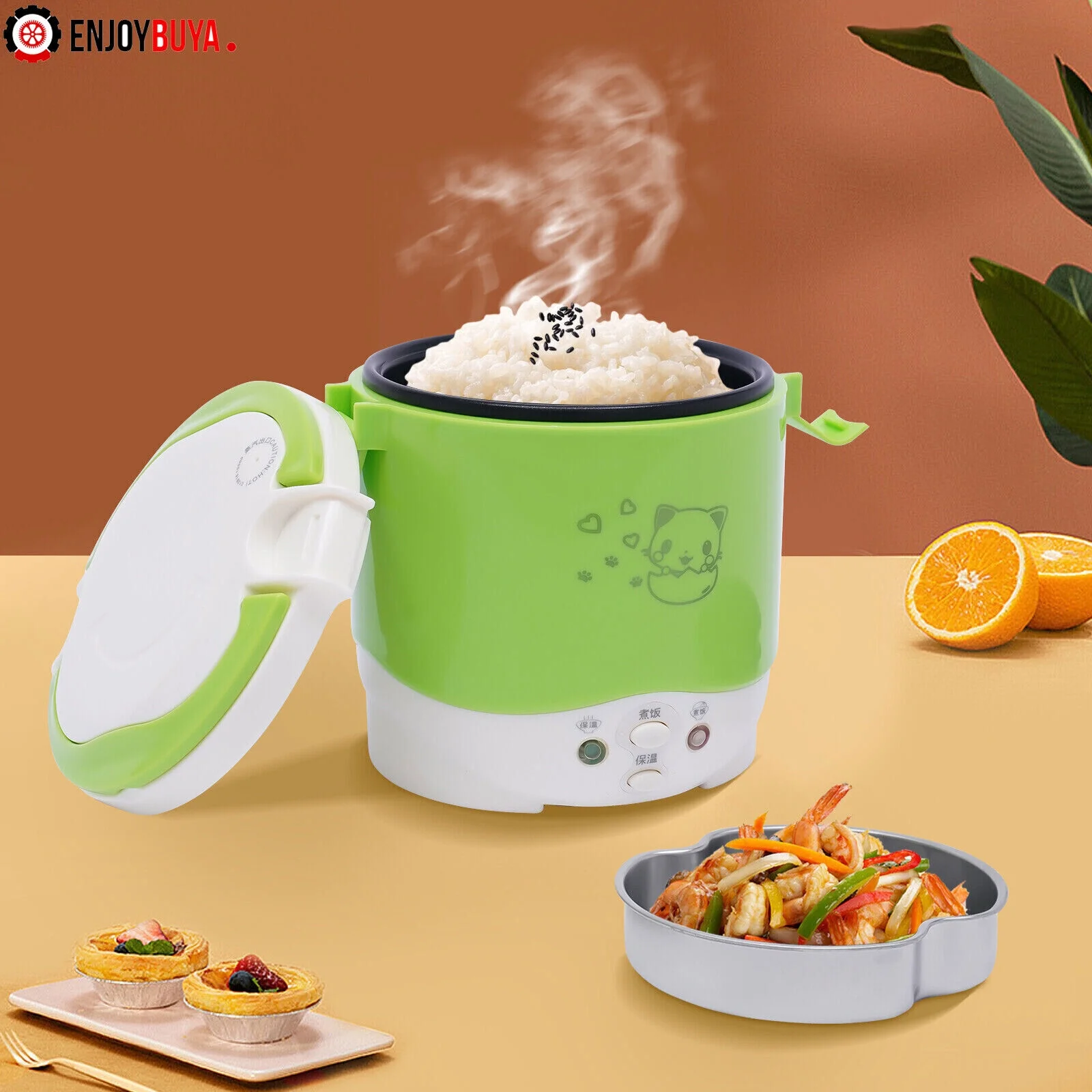 Small Electric Rice Pot,1L/ 0.26Gal Camping Rice Cooker Pot Mini 1 Cup Rice Cooker with Measuring Cup and Spoon,Portable Car Mounted Rice Cooker Soup Porridge Cooker Steamer for Travel(Green)