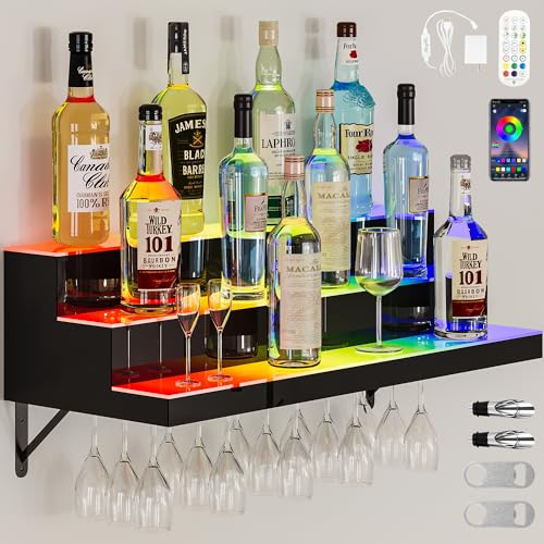 YITAHOME LED Light Liquor Bottle Display Shelf, 3-Tier 40-inch Bar Shelves for Liquor Bottles Wall Mounted Acrylic Liquor Shelf with Wine Holder Slots, Remote & App Control for Home Commercial Bar