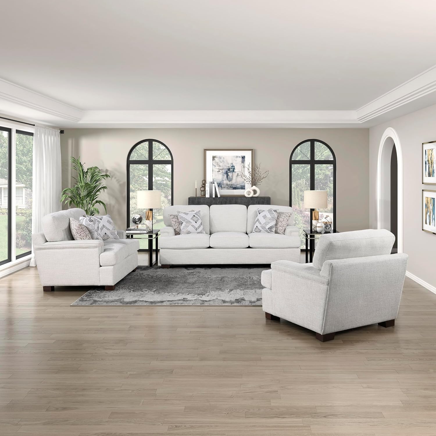 Lexicon Living Room Furniture Sets Including Chenille Upholstered Sofa, Loveseat and Lounge Chair with Deep Seats and Accent Pillows, Cream