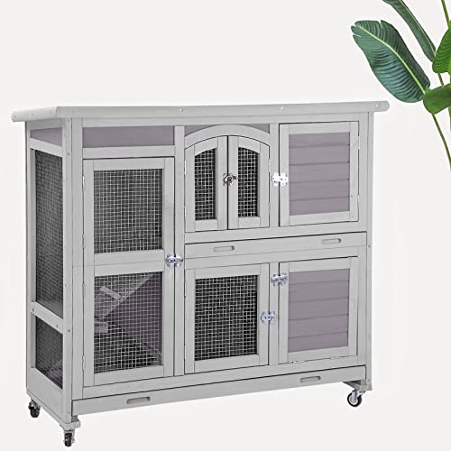 Two-Story Rabbit Hutch with Wheels Guinea Pig Cage Indoor Outdoor Bunny Cage with 2 Deep Leakproof Tray