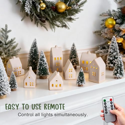 23 Pcs Christmas Village Set - 7 White Ceramic Houses with Remote LED Tea Lights and 8 Snow Trees, Farmhouse Christmas Decorations Indoor for Tabletop Fireplace Mantel Shelf Decor