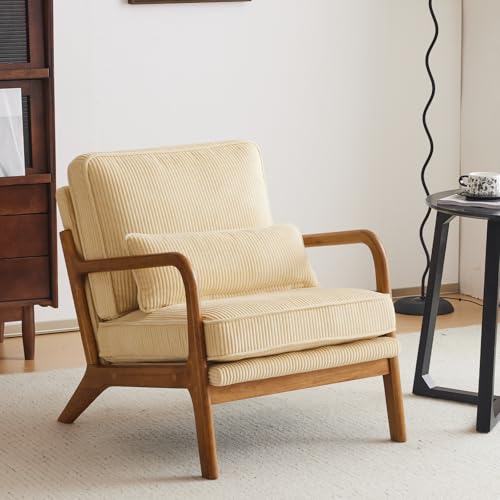 Karl home Accent Chair Mid-Century Modern Chair with Pillow Upholstered Lounge Arm Chair with Solid Wood Frame & Soft Cushion for Living Room, Bedroom, Balcony, Linen White (Low Back)