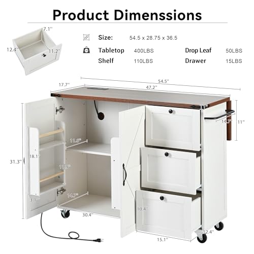 Kitchen Island with Storage, Rolling Kitchen Island Cart On Wheels with Power Outlet & Drop Leaf Countertop, Mobile Island Table for Kitchen with 2 Drawers 2 Cabinet, Spice Rack, Towel Rack, Black