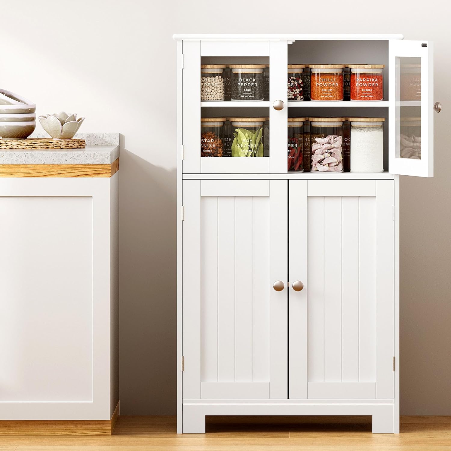 DlandHome Freestanding Kitchen Pantry Storage Cabinet for Kitchen, Dining Living Room, Bathroom,White